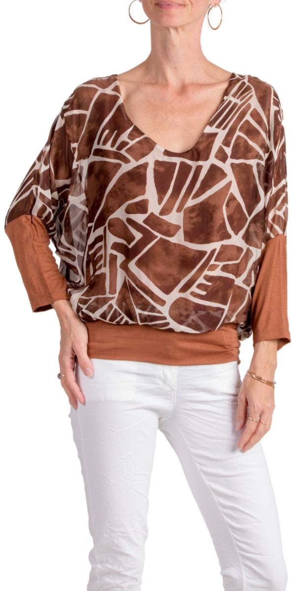 Cavoli Astratta Blouse - Gigi Moda - Made in Italy # 100% Silk, Abstract, abstract print, Blouse, elastic waist, elastic waistband, fall, Gigi Moda, gigi moda. made in italy, italian silk, italian top, Long Sleeve, Made in Italy, maxretail, shop gigi moda, Silk, Silk top, Top