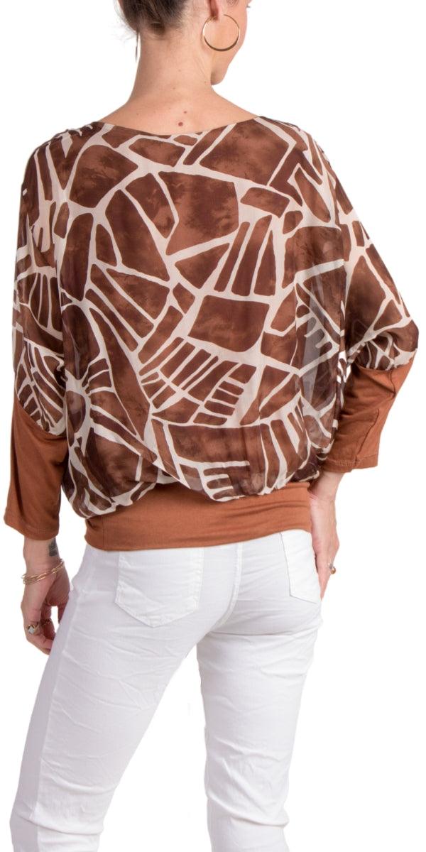 Cavoli Astratta Blouse - Gigi Moda - Made in Italy # 100% Silk, Abstract, abstract print, Blouse, elastic waist, elastic waistband, fall, Gigi Moda, gigi moda. made in italy, italian silk, italian top, Long Sleeve, Made in Italy, maxretail, shop gigi moda, Silk, Silk top, Top