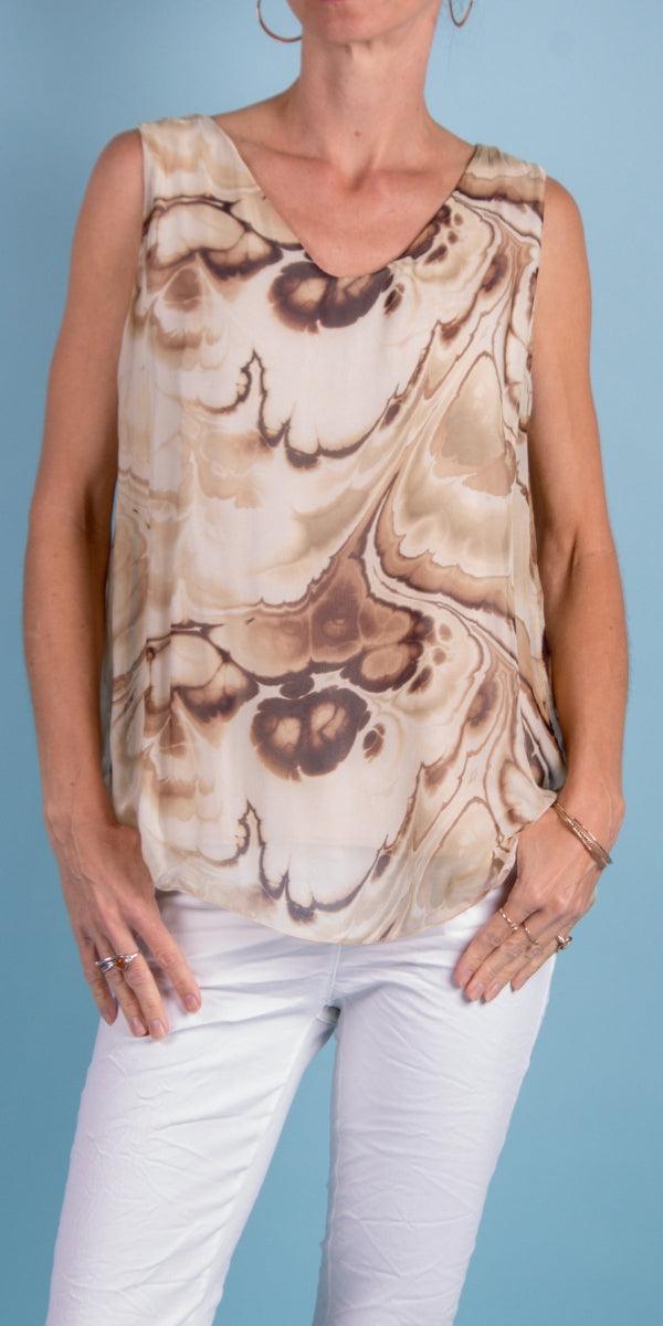 Fernanda Swirl Silk Top - Gigi Moda - Made in Italy # 100% Silk, Blouse, Gigi Moda, Made in Italy, maxretail, one size, Silk, silk blouse, Silk top, Sleeveless, sleeveless top, swirl print, tank, Top