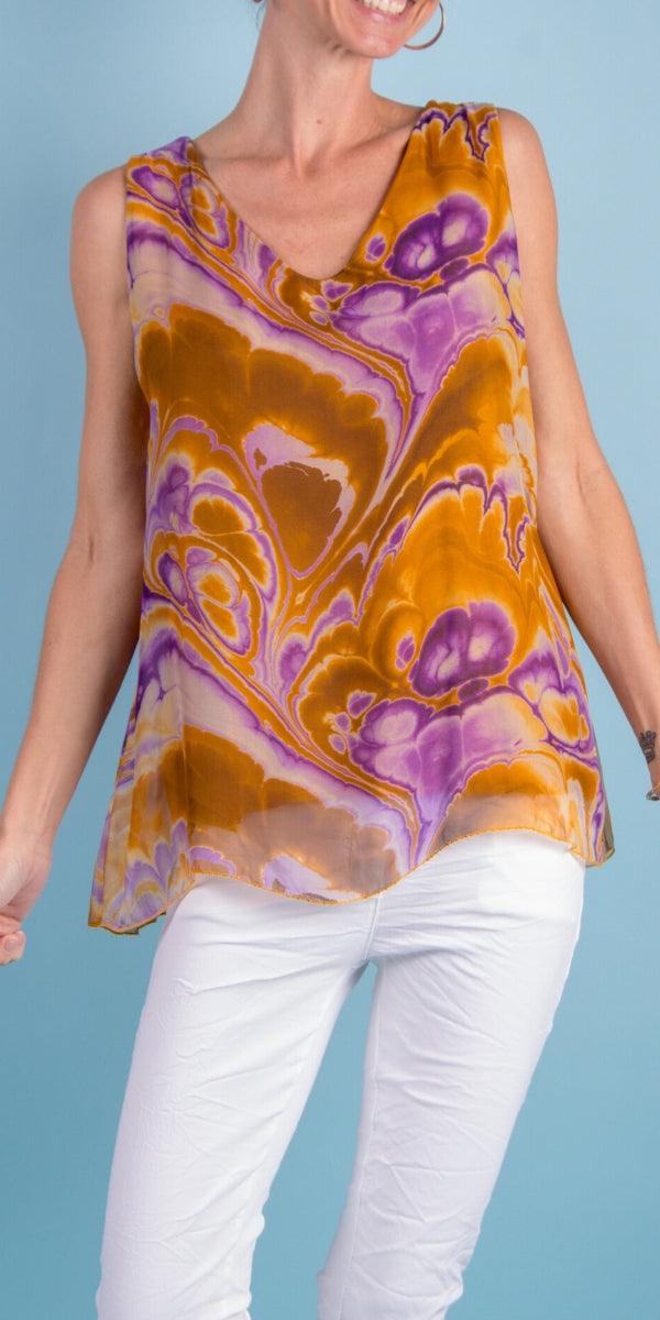 Fernanda Swirl Silk Top - Gigi Moda - Made in Italy # 100% Silk, Blouse, Gigi Moda, Made in Italy, maxretail, one size, Silk, silk blouse, Silk top, Sleeveless, sleeveless top, swirl print, tank, Top