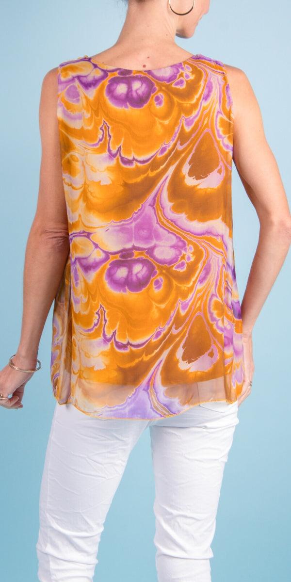 Fernanda Swirl Silk Top - Gigi Moda - Made in Italy # 100% Silk, Blouse, Gigi Moda, Made in Italy, maxretail, one size, Silk, silk blouse, Silk top, Sleeveless, sleeveless top, swirl print, tank, Top