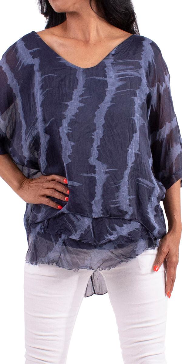 Bari Silk Tie Dye Kaftan - Gigi Moda - Made in Italy # 100% silk, blouse, Navy, Olive, silk, silk blouse, Taupe, Tie Dye, turquoise