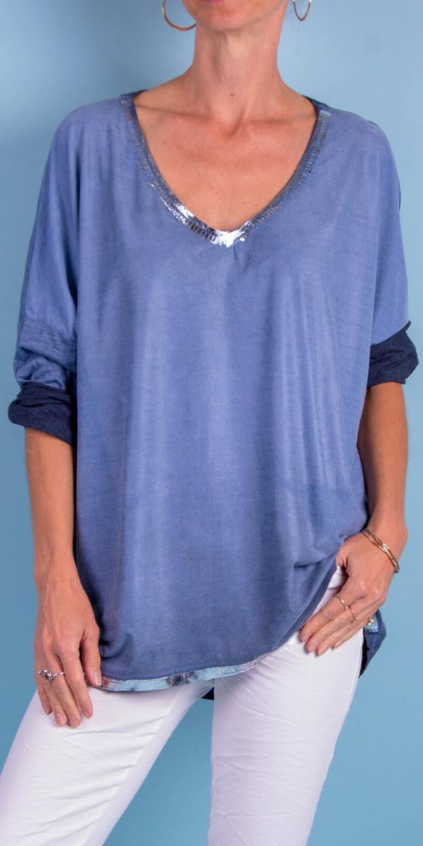 Clio Top - Gigi Moda - Made in Italy # fall, faux suede, Gigi Moda, gigi moda. made in italy, italian top, long sleeves, metallic, shop gigi moda, sweater, Top, V Neck, v-neck top