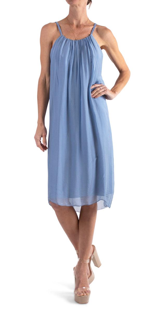 Jappy Silk Dress - Gigi Moda - Made in Italy # 100% Silk, dress, flowy, Italian Clothing, italian silk dress, knee length, knee length dress, midi dress, silk, silk dress, Spaghetti Strap, spaghetti strap dress, Spaghetti Straps