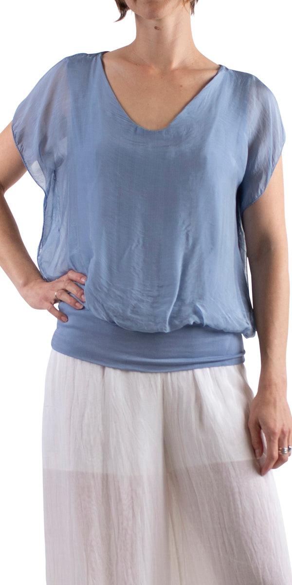 Amante Silk Top - Gigi Moda - Made in Italy # banded bottom, Blouse, flutter sleeve, gigi moda, silk, stretch waistband, top, v-neck