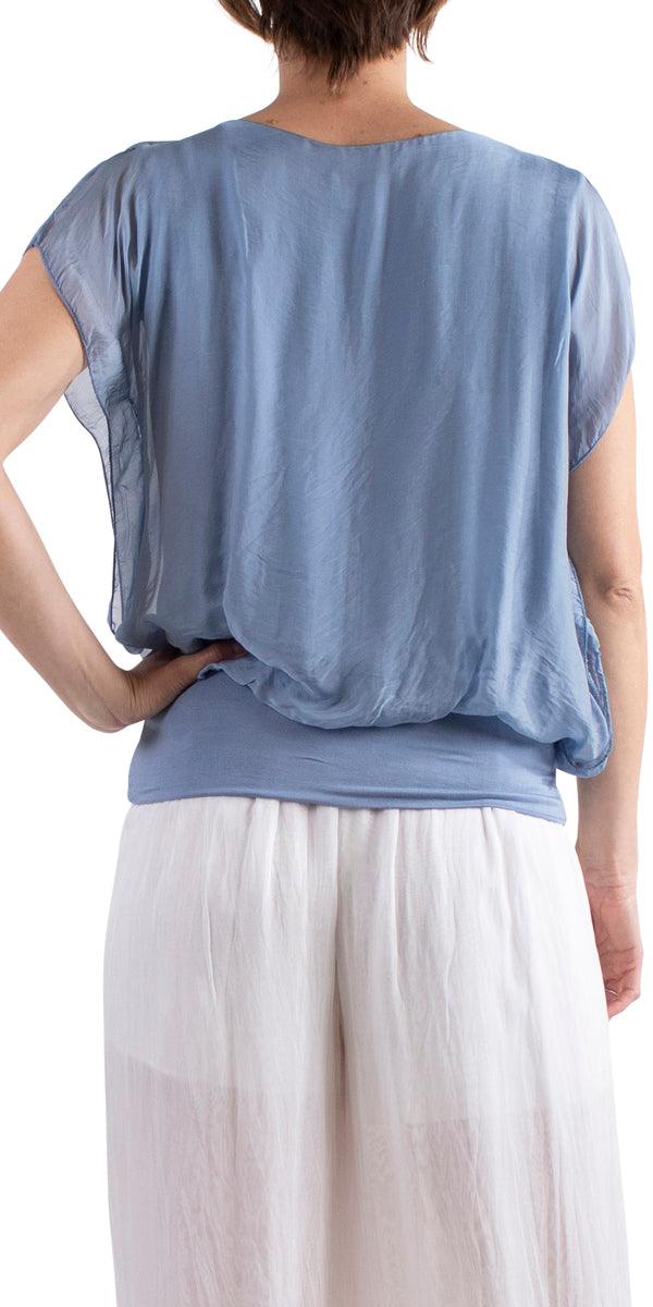 Amante Silk Top - Gigi Moda - Made in Italy # banded bottom, Blouse, flutter sleeve, gigi moda, silk, stretch waistband, top, v-neck