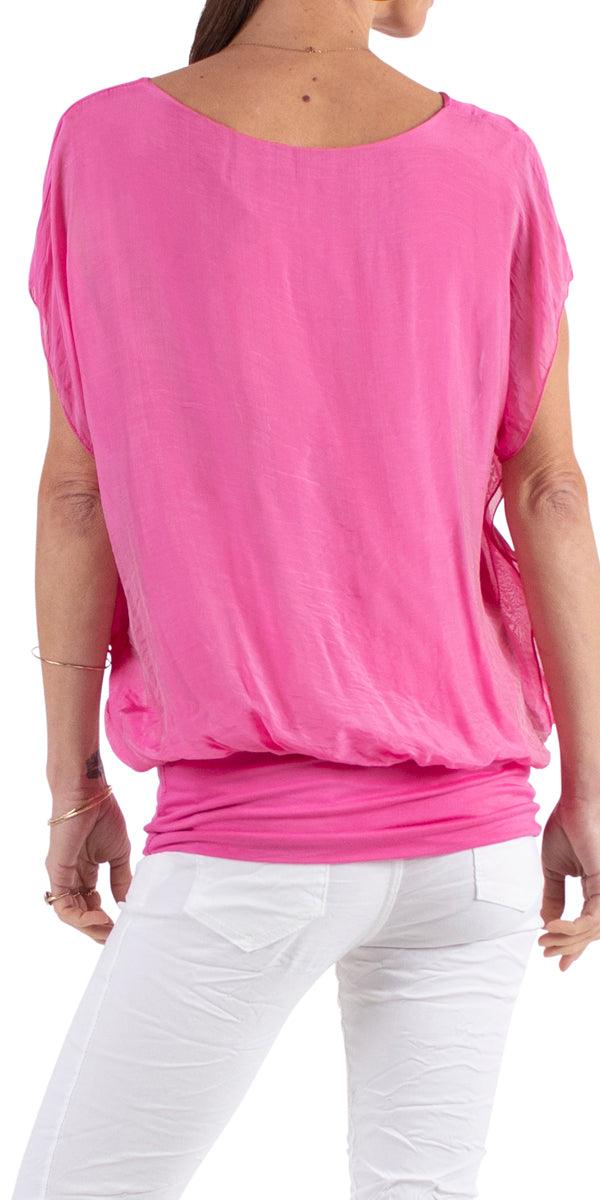 Amante Silk Top - Gigi Moda - Made in Italy # banded bottom, Blouse, flutter sleeve, gigi moda, silk, stretch waistband, top, v-neck