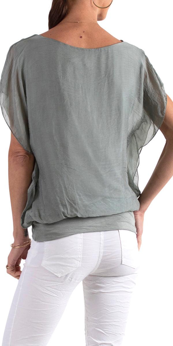 Amante Silk Top - Gigi Moda - Made in Italy # banded bottom, Blouse, flutter sleeve, gigi moda, silk, stretch waistband, top, v-neck