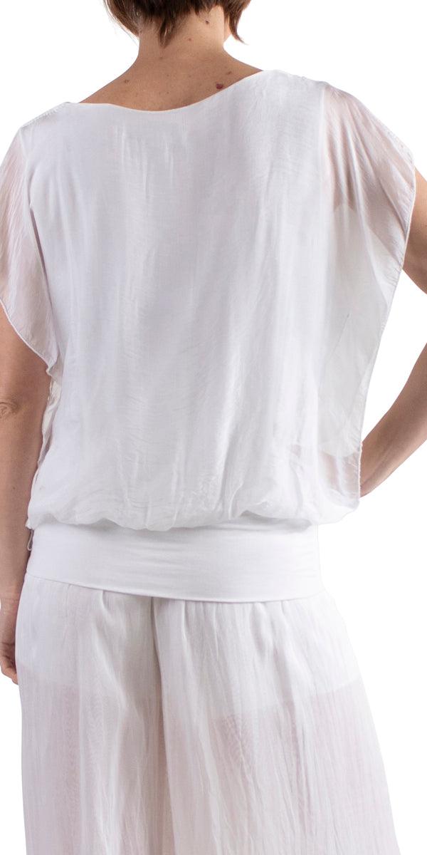 Amante Silk Top - Gigi Moda - Made in Italy # banded bottom, Blouse, flutter sleeve, gigi moda, silk, stretch waistband, top, v-neck