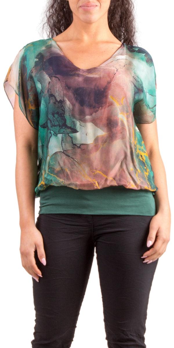Amante Tempesta Silk Top - Gigi Moda - Made in Italy # banded bottom, Blouse, flutter sleeve, gigi moda, Made in Italy, marbled print, silk, stretch waistband, top, v-neck