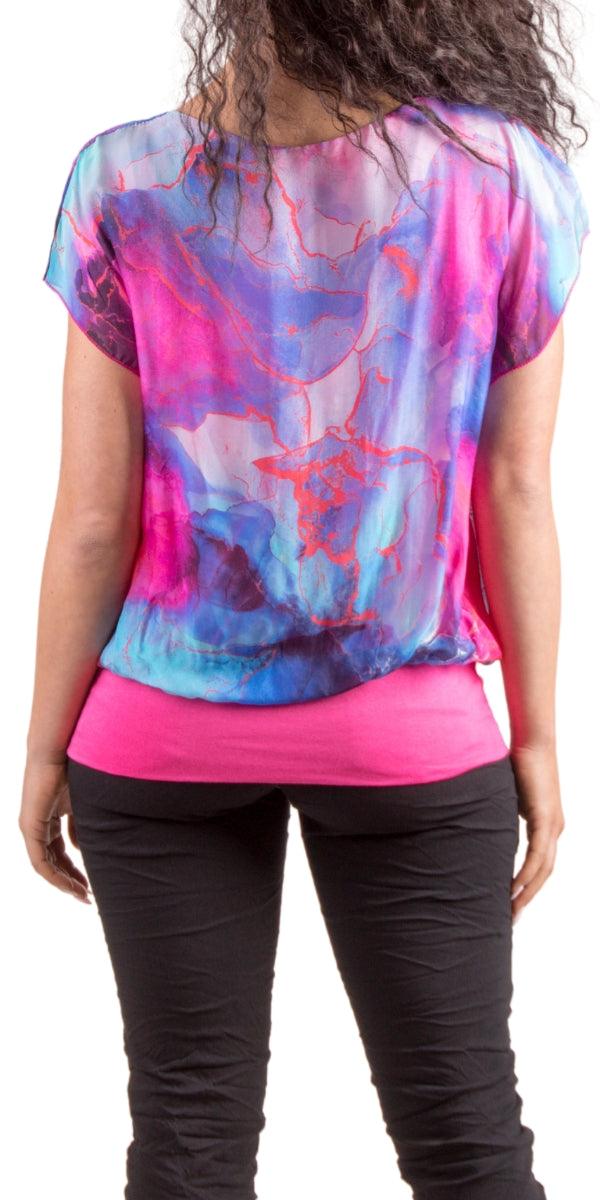 Amante Tempesta Silk Top - Gigi Moda - Made in Italy # banded bottom, Blouse, flutter sleeve, gigi moda, Made in Italy, marbled print, silk, stretch waistband, top, v-neck