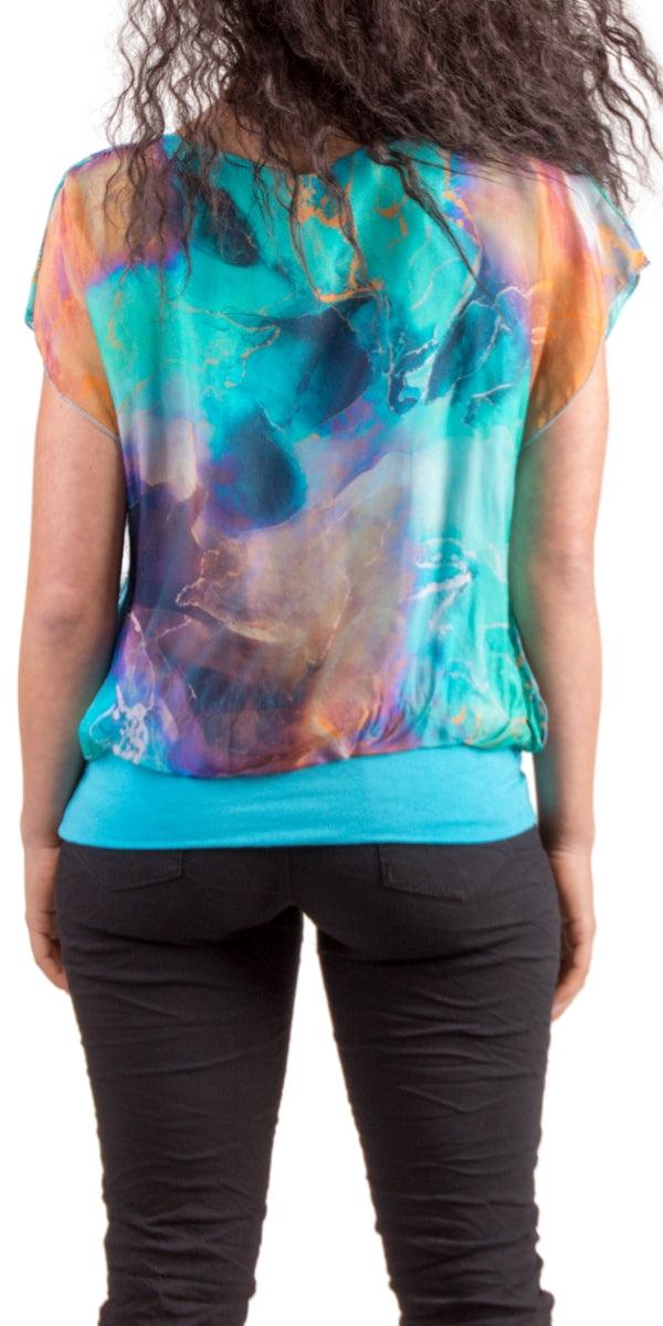 Amante Tempesta Silk Top - Gigi Moda - Made in Italy # banded bottom, Blouse, flutter sleeve, gigi moda, Made in Italy, marbled print, silk, stretch waistband, top, v-neck