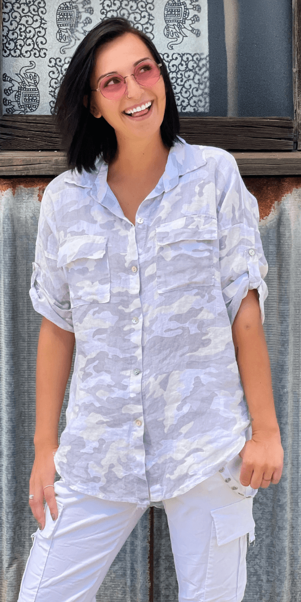 Womens camo button down shirt deals