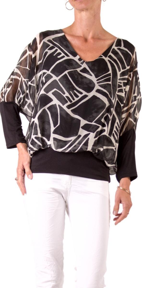 Cavoli Astratta Blouse - Gigi Moda - Made in Italy # 100% Silk, Abstract, abstract print, Blouse, elastic waist, elastic waistband, fall, Gigi Moda, gigi moda. made in italy, italian silk, italian top, Long Sleeve, Made in Italy, maxretail, shop gigi moda, Silk, Silk top, Top
