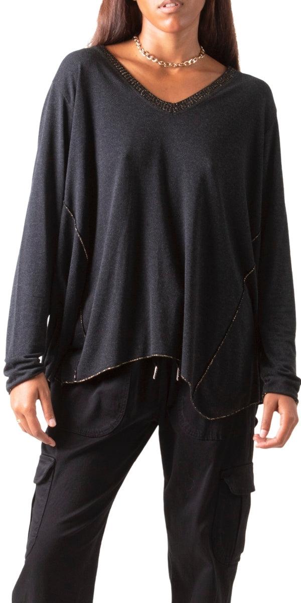 Bettina Sweater - Gigi Moda - Made in Italy # fall, Gigi Moda, gigi moda. made in italy, gold trim, italian top, knit, long sleeves, metallic, shop gigi moda, sweater, Top, V Neck, v-neck top