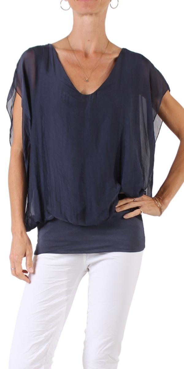 Amante Silk Top - Gigi Moda - Made in Italy # banded bottom, Blouse, flutter sleeve, gigi moda, silk, stretch waistband, top, v-neck