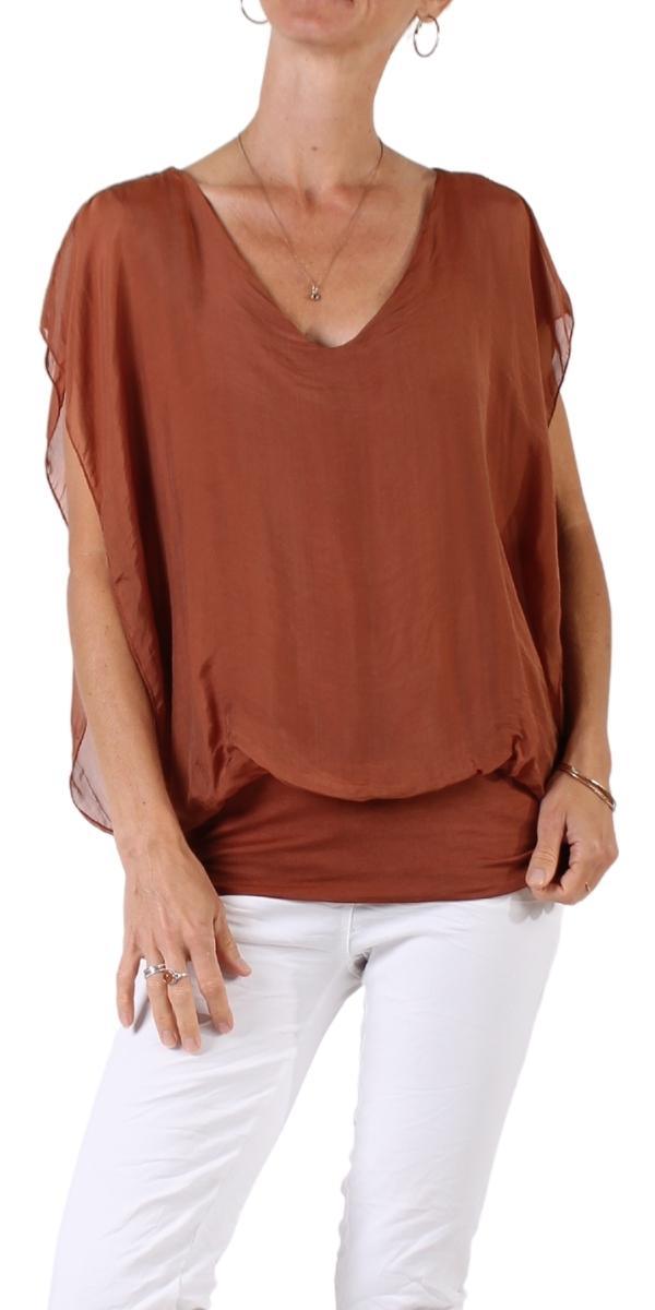 Amante Silk Top - Gigi Moda - Made in Italy # banded bottom, Blouse, flutter sleeve, gigi moda, silk, stretch waistband, top, v-neck
