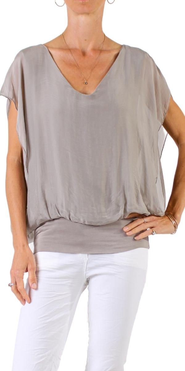 Amante Silk Top - Gigi Moda - Made in Italy # banded bottom, Blouse, flutter sleeve, gigi moda, silk, stretch waistband, top, v-neck