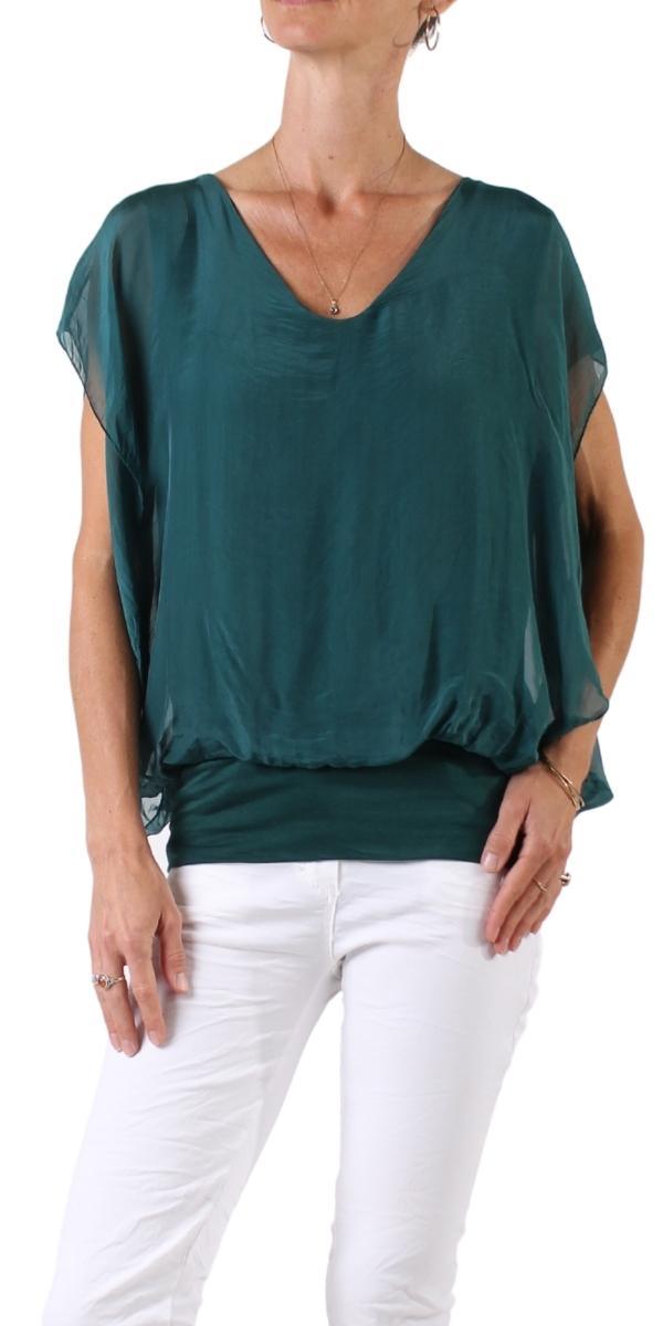 Amante Silk Top - Gigi Moda - Made in Italy # banded bottom, Blouse, flutter sleeve, gigi moda, silk, stretch waistband, top, v-neck