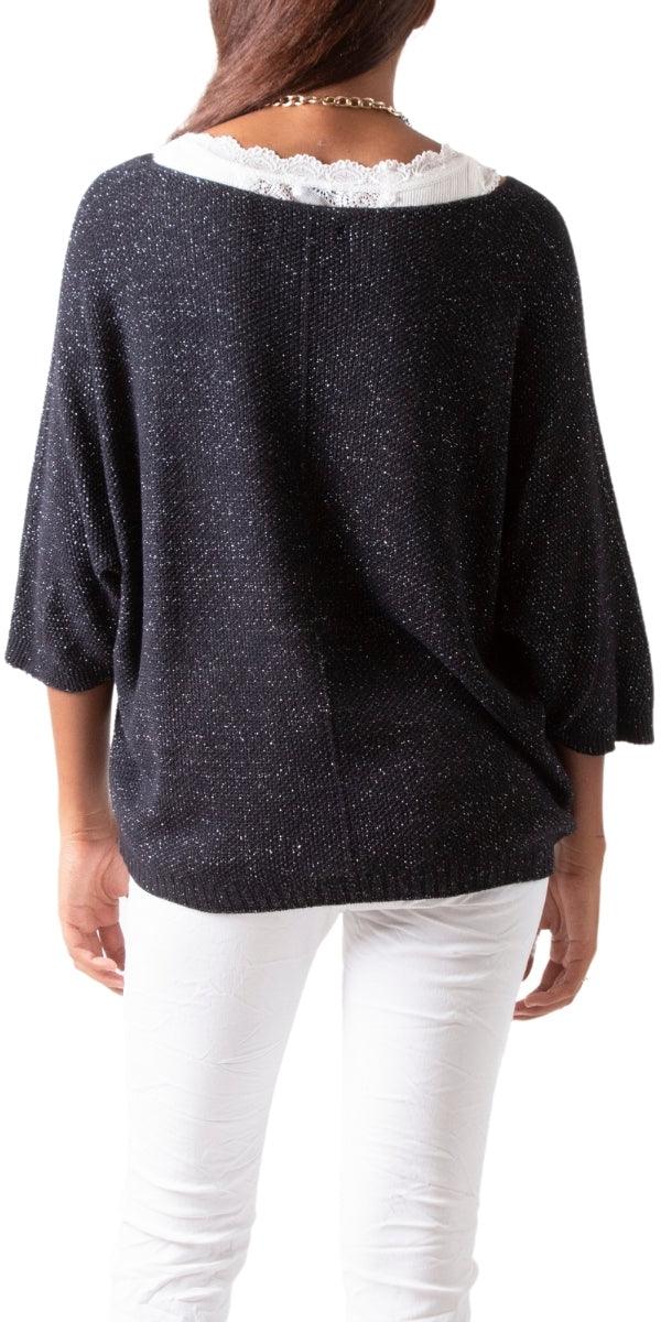 Lana Sweater - Gigi Moda - Made in Italy # 3/4 length, 3/4 Sleeve, 3/4 Sleeves, fall, Gigi Moda, gigi moda. made in italy, glitter, italian top, knit, metallic, shop gigi moda, sweater, Top, V Neck, v-neck top