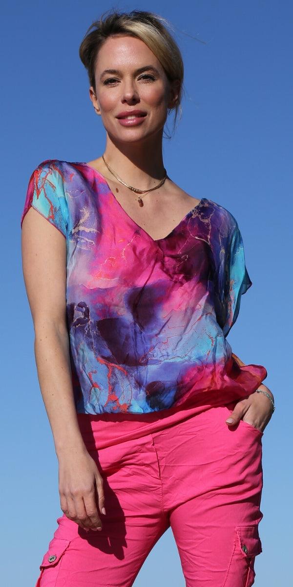 Amante Tempesta Silk Top - Gigi Moda - Made in Italy # banded bottom, Blouse, flutter sleeve, gigi moda, Made in Italy, marbled print, silk, stretch waistband, top, v-neck