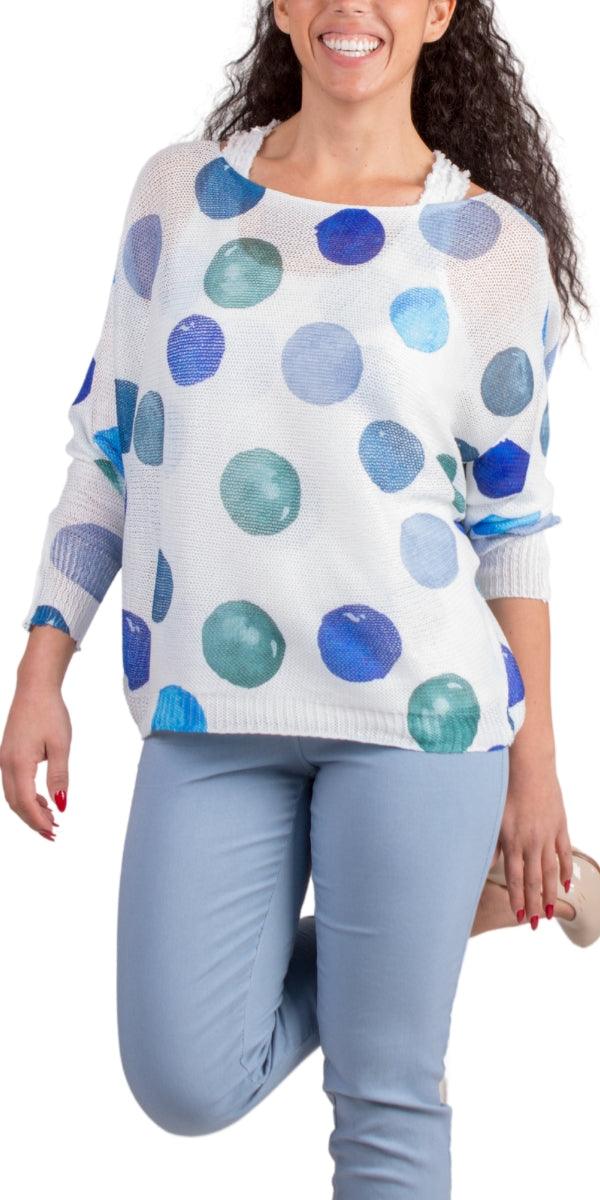 Donatella Blue Dot Sweater - Gigi Moda - Made in Italy # batwing, dot, Gigi Moda, italian top, Made in Italy, mesh, multicolor, one size, print, sweater