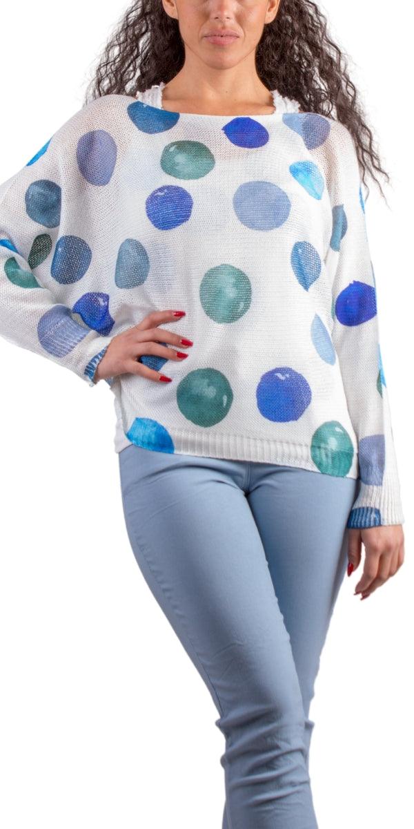 Donatella Blue Dot Sweater - Gigi Moda - Made in Italy # batwing, dot, Gigi Moda, italian top, Made in Italy, mesh, multicolor, one size, print, sweater