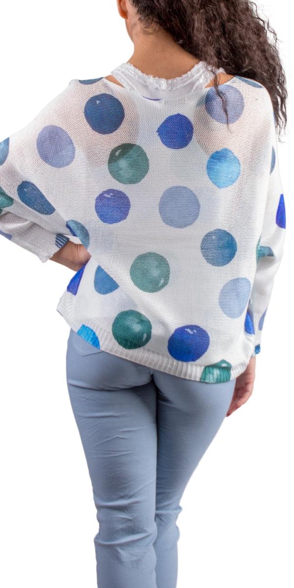 Donatella Blue Dot Sweater - Gigi Moda - Made in Italy # batwing, dot, Gigi Moda, italian top, Made in Italy, mesh, multicolor, one size, print, sweater