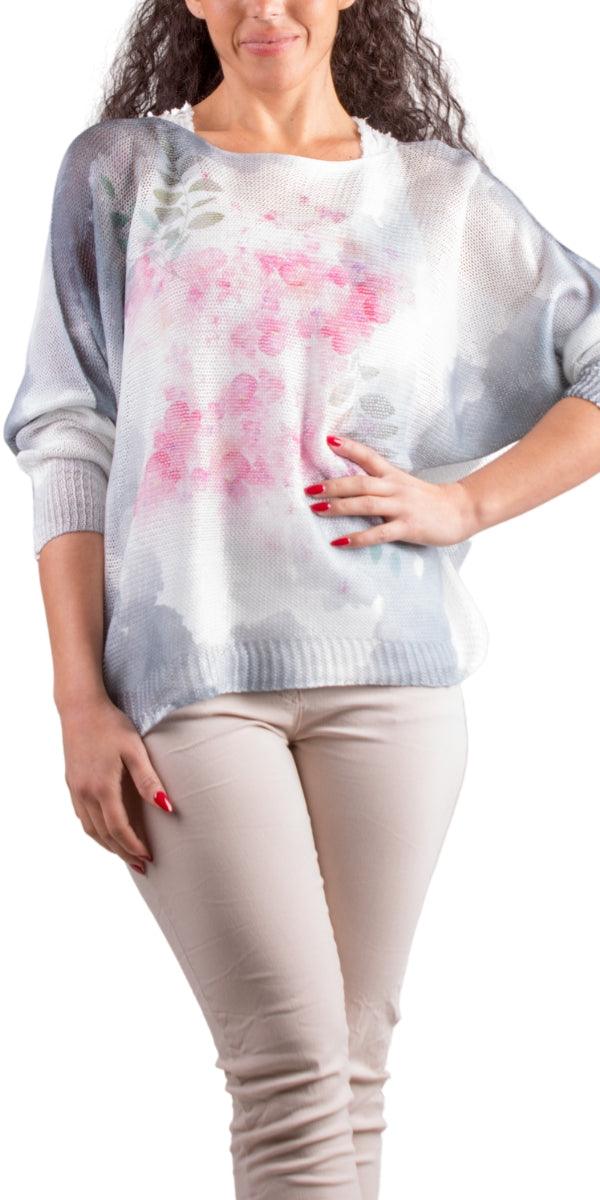 Donatella Blossom Sweater - Gigi Moda - Made in Italy # batwing, floral design, floral pattern, Floral Print, Gigi Moda, italian top, Made in Italy, mesh, multicolor, one size, print, sweater