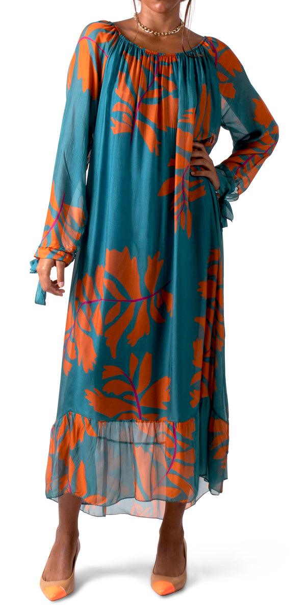 Aloha Maxi Dress - Gigi Moda - Made in Italy # 100% silk, Dress, Floral Print, Gigi Moda, Long, long dress, Long Sleeve, Made in Italy, Maxi, maxi dress, one size fits most, shop gigi moda, Silk