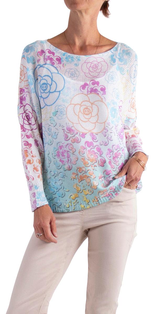 Emy Batwing Sweater With Cascading Floral Print - Gigi Moda - Made in Italy # Blouse, comfortable, comfortable fit, Cozy, fall, floral, Floral Print, Gigi Moda, Italian Clothing, italian top, Long Sleeve, Made in Italy, one size, Sleeves, Sweater, Top, washable, womens clothing, Womens Tops