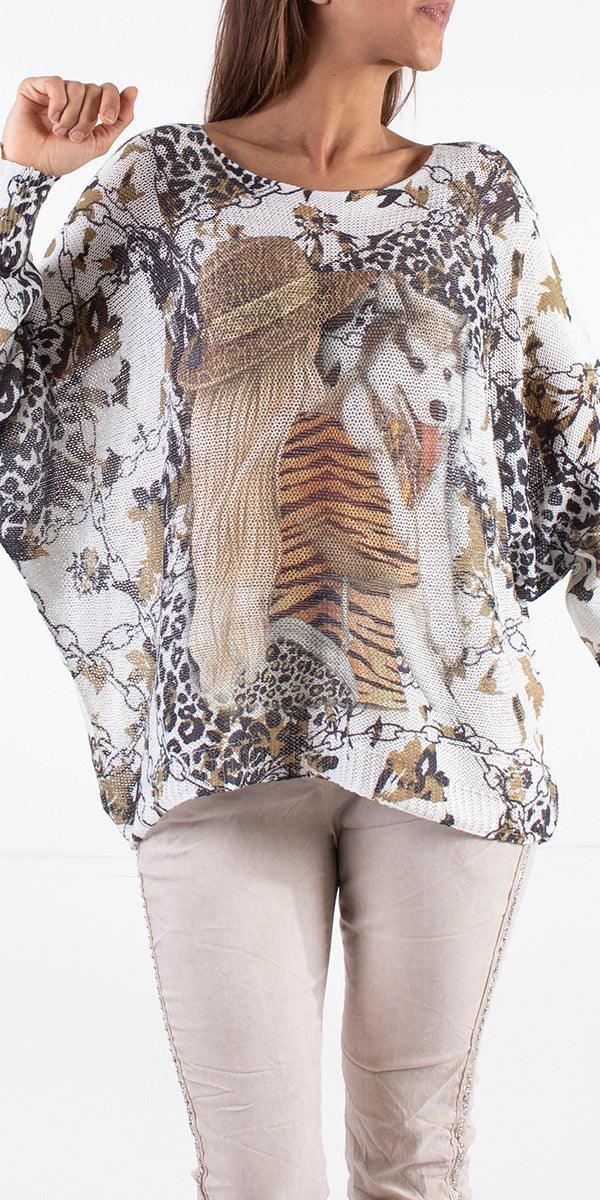 Emy Batwing Sweater With Girl & Husky Print - Gigi Moda - Made in Italy # Blouse, comfortable, comfortable fit, Cozy, fall, Gigi Moda, Italian Clothing, italian top, Long Sleeve, Made in Italy, one size, Sleeves, Sweater, Top, washable, womens clothing, Womens Tops