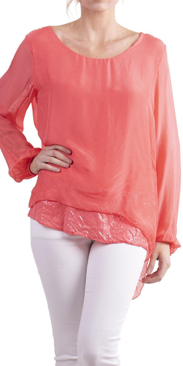 Tara Sleeve Blouse - Gigi Moda - Made in Italy # Blouse, Gigi Moda, italian top, Made in Italy, OS, Sequin, Silk, Sleeves, Top