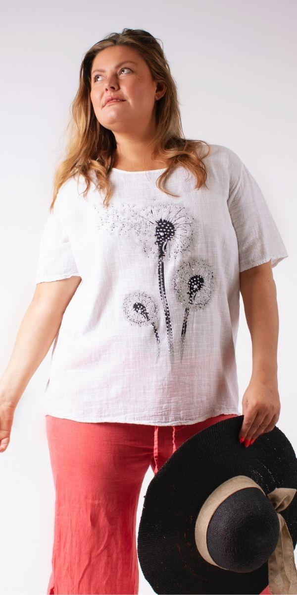Dandelion Rhinestone Blouse - Gigi Moda - Made in Italy # Comfortable fit, made in italy, T-shirt, Womens Clothing, Womens Tops