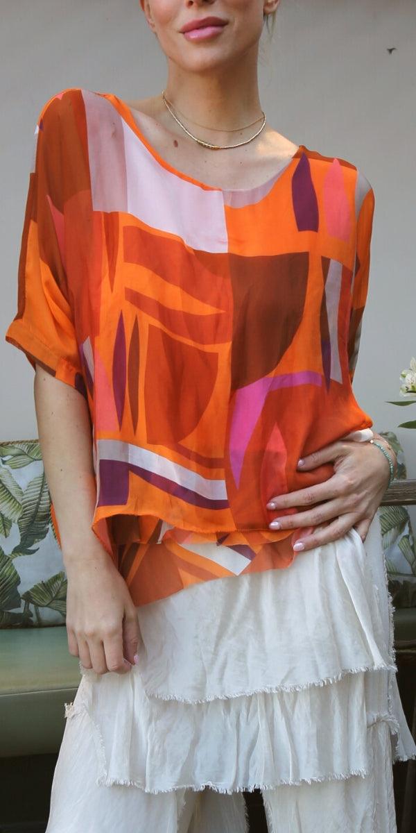 Carmelina Graphic Silk Kaftan - Gigi Moda - Made in Italy # 100% silk, abstract print, california boutique, carlsbad, Frayed Edge, free shipping, Gigi Moda, italian blouse, Italian Clothing, italian fashion, italian outfit, italian silk, Kaftan, made in Italy, maxretail, online shopping, raw edge, top
