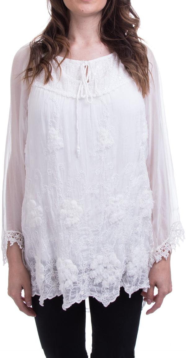 Delucia Top - Gigi Moda - Made in Italy # Blouse, Embroidered, Gigi Moda, italian top, Lace Top, Made in Italy, OS, Scalloped hem top, Silk, Tie at neck, Top