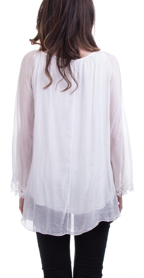 Delucia Top - Gigi Moda - Made in Italy # Blouse, Embroidered, Gigi Moda, italian top, Lace Top, Made in Italy, OS, Scalloped hem top, Silk, Tie at neck, Top