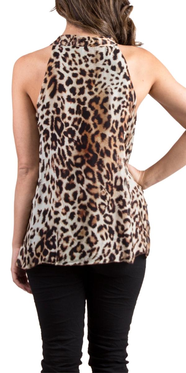 Gatta Sleeveless Top - Gigi Moda - Made in Italy # 100% Silk, animal print, Blouse, cheetah print, Gigi Moda, italian top, Made in Italy, OS, Ruffle, ruffled neck, Silk, Sleeveless, tie neck