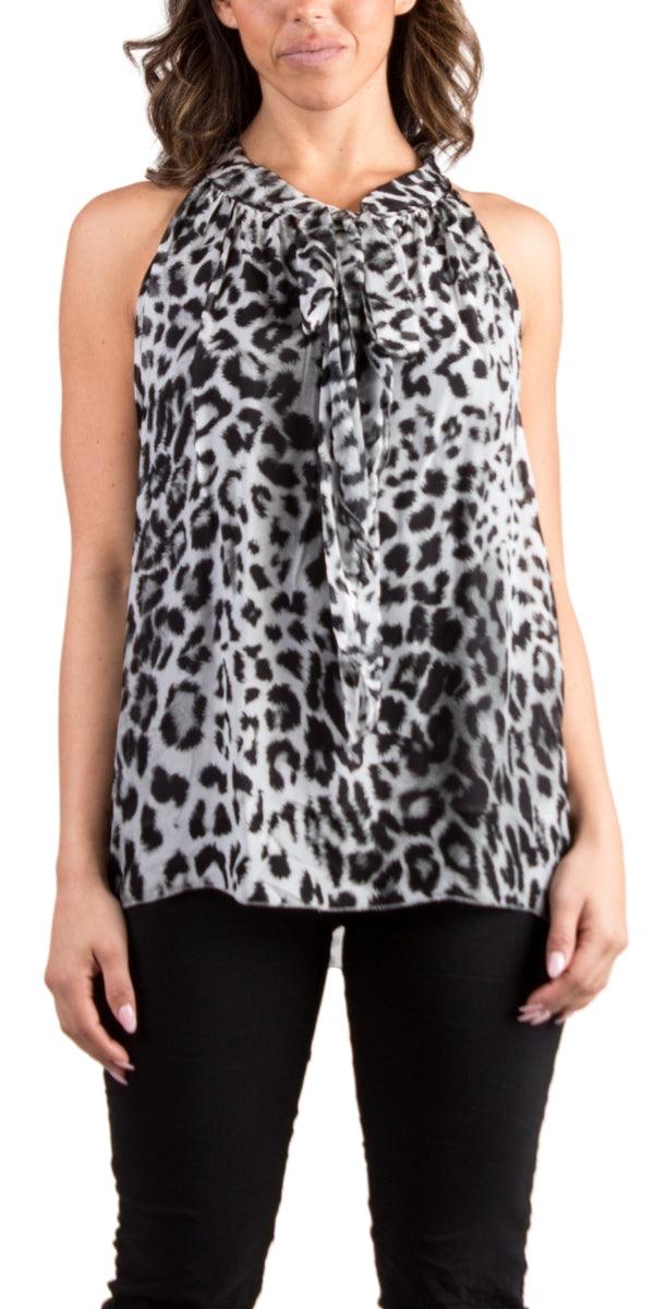 Gatta Sleeveless Top - Gigi Moda - Made in Italy # 100% Silk, animal print, Blouse, cheetah print, Gigi Moda, italian top, Made in Italy, OS, Ruffle, ruffled neck, Silk, Sleeveless, tie neck
