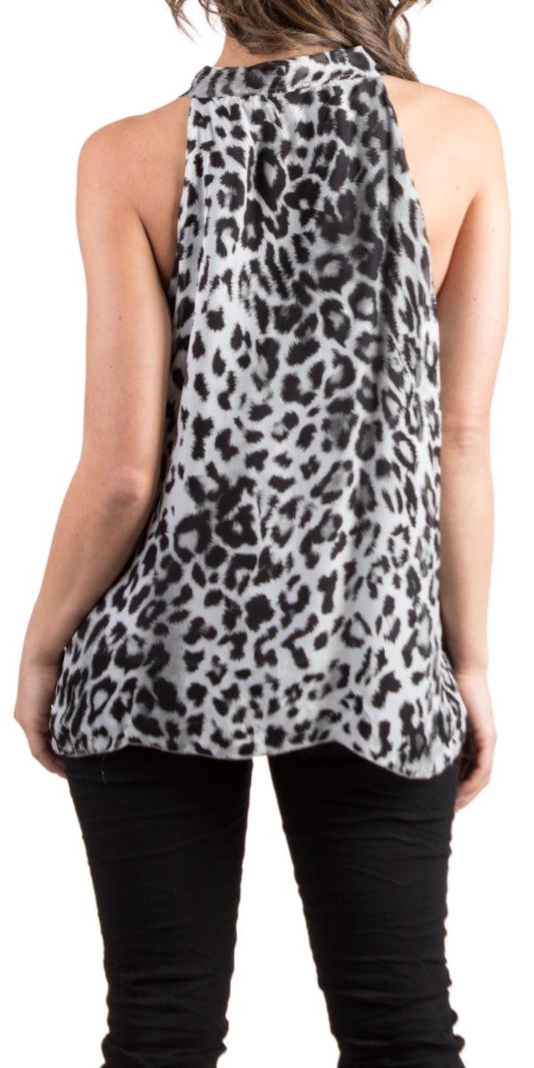 Gatta Sleeveless Top - Gigi Moda - Made in Italy # 100% Silk, animal print, Blouse, cheetah print, Gigi Moda, italian top, Made in Italy, OS, Ruffle, ruffled neck, Silk, Sleeveless, tie neck