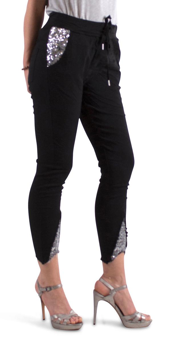 Ricamo Tie-Waist Pants - Gigi Moda - Made in Italy # COMFY PANTS, Cropped pants, cuffed pant, drawstring pant, gigi moda, Italian pant, Pants, sequin pockets, sequins, STRETCHY PANT, tie waist