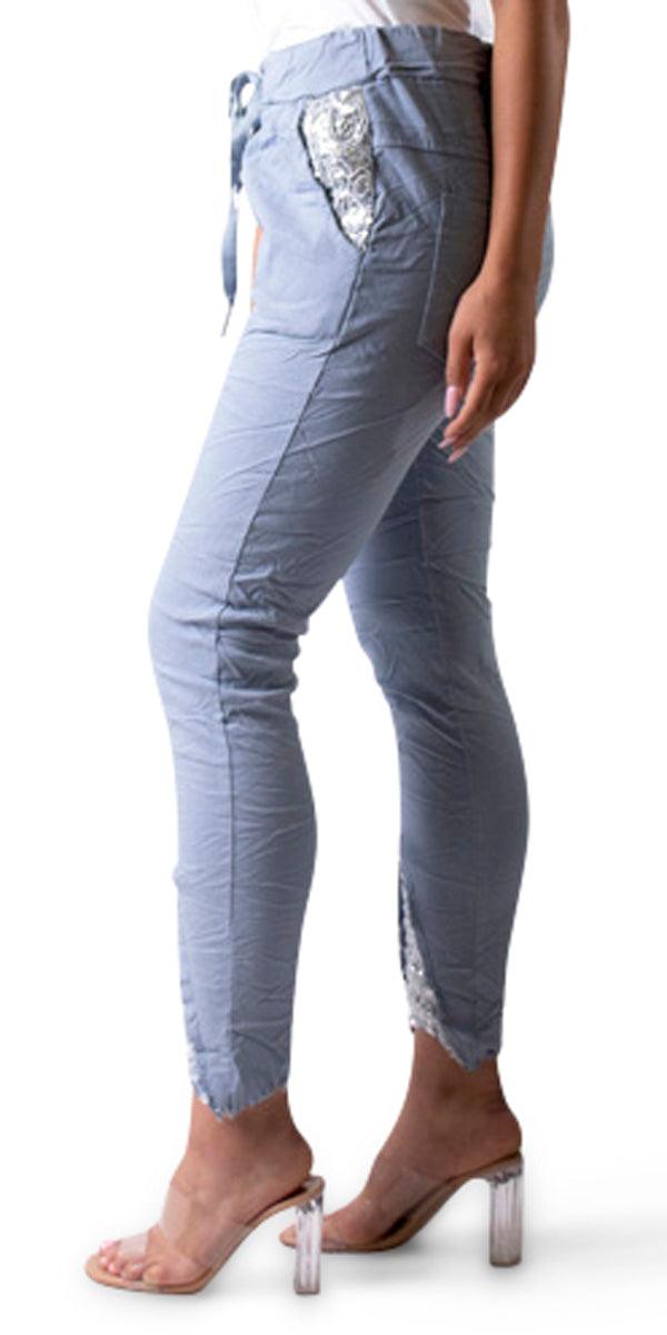 Ricamo Tie-Waist Pants - Gigi Moda - Made in Italy # COMFY PANTS, Cropped pants, cuffed pant, drawstring pant, gigi moda, Italian pant, Pants, sequin pockets, sequins, STRETCHY PANT, tie waist