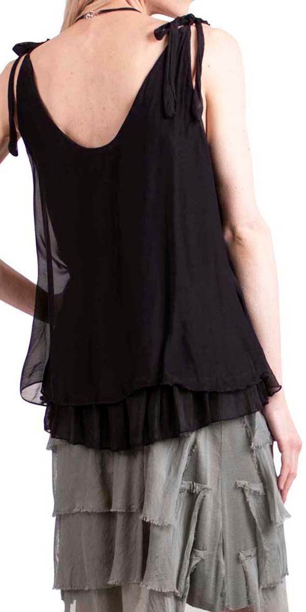 Semilia Tank - Gigi Moda - Made in Italy # Italian Made, layered, Made in Italy, panel at hem, ruffled hem, shoulder ties, silk, silk top, sleeveless, solid color