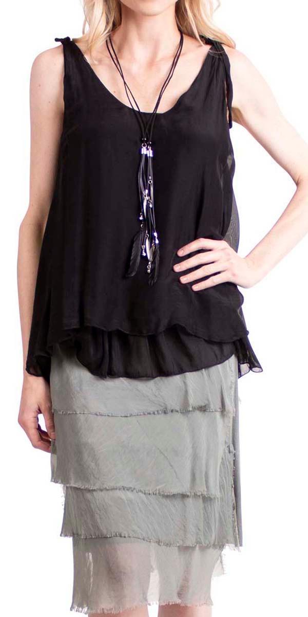 Semilia Tank - Gigi Moda - Made in Italy # Italian Made, layered, Made in Italy, panel at hem, ruffled hem, shoulder ties, silk, silk top, sleeveless, solid color