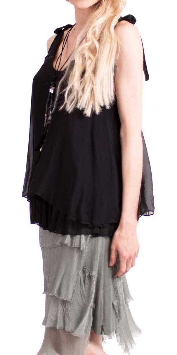 Semilia Tank - Gigi Moda - Made in Italy # Italian Made, layered, Made in Italy, panel at hem, ruffled hem, shoulder ties, silk, silk top, sleeveless, solid color