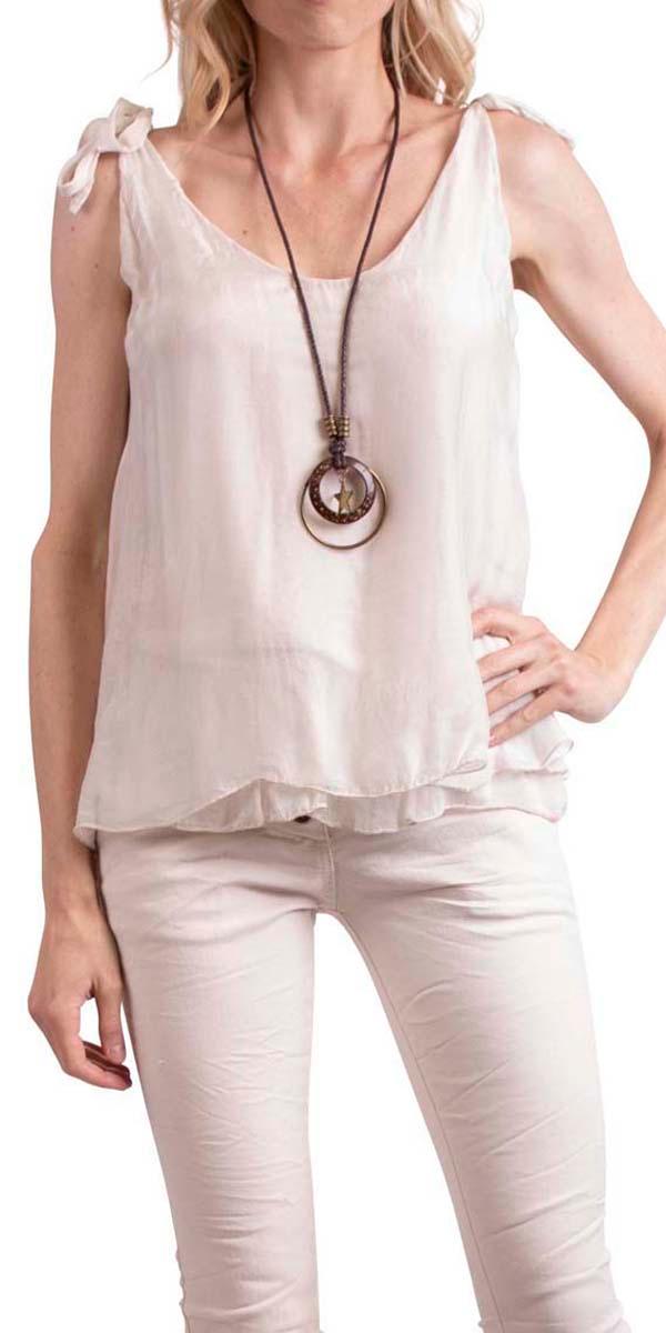 Semilia Tank - Gigi Moda - Made in Italy # Italian Made, layered, Made in Italy, panel at hem, ruffled hem, shoulder ties, silk, silk top, sleeveless, solid color