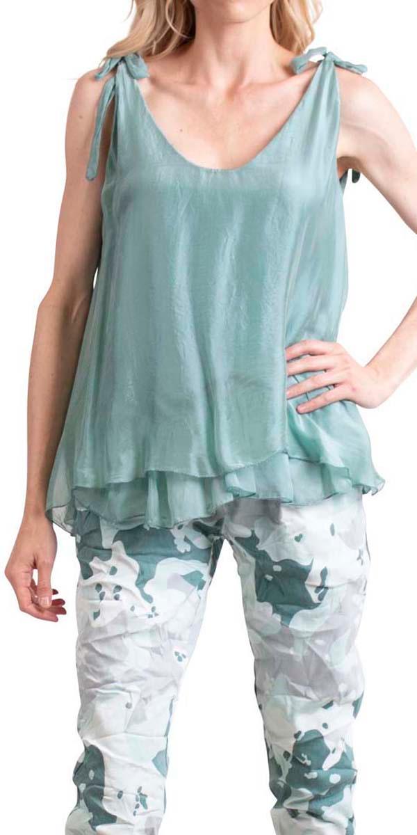 Semilia Tank - Gigi Moda - Made in Italy # Italian Made, layered, Made in Italy, panel at hem, ruffled hem, shoulder ties, silk, silk top, sleeveless, solid color