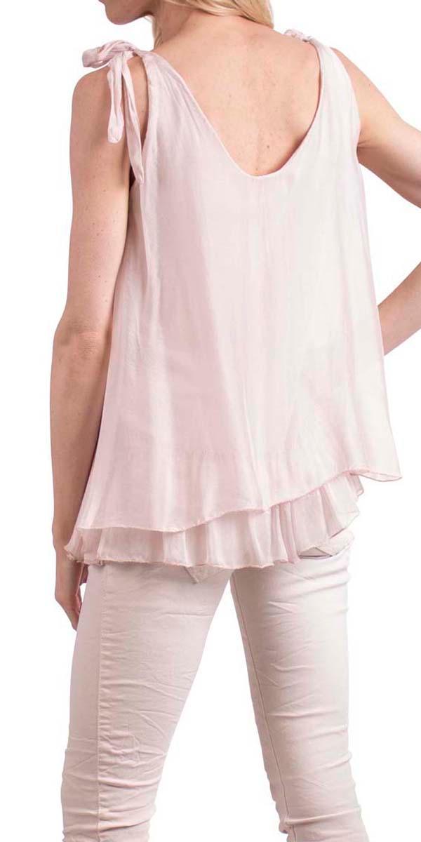 Semilia Tank - Gigi Moda - Made in Italy # Italian Made, layered, Made in Italy, panel at hem, ruffled hem, shoulder ties, silk, silk top, sleeveless, solid color