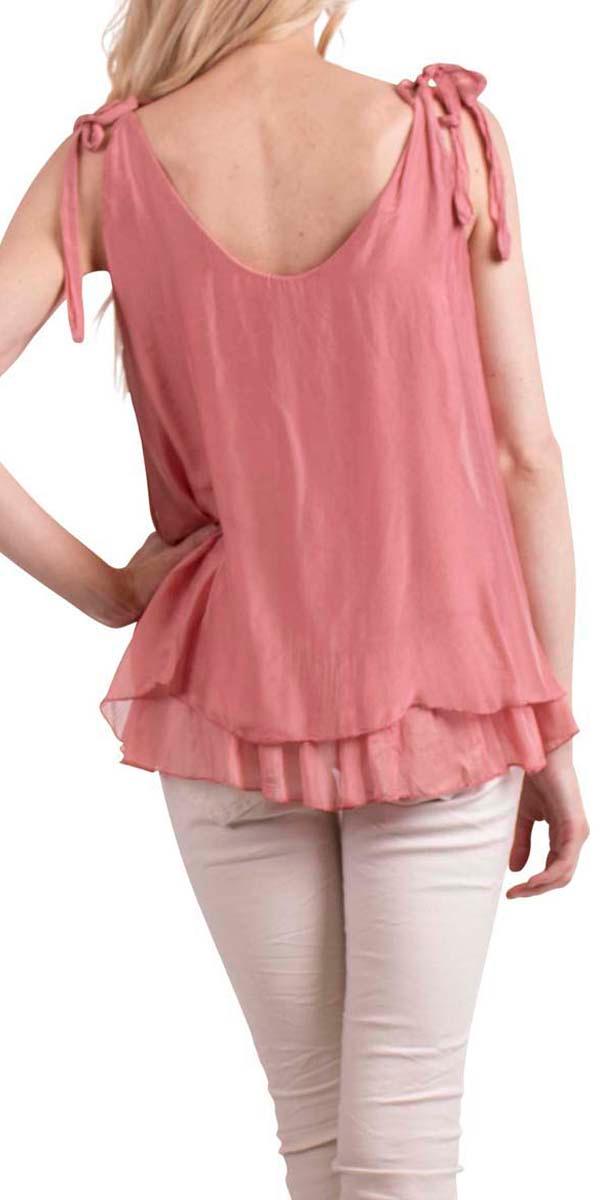 Semilia Tank - Gigi Moda - Made in Italy # Italian Made, layered, Made in Italy, panel at hem, ruffled hem, shoulder ties, silk, silk top, sleeveless, solid color