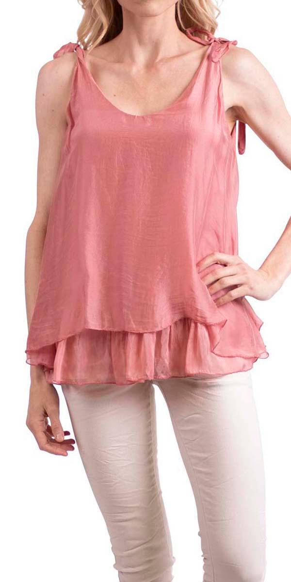 Semilia Tank - Gigi Moda - Made in Italy # Italian Made, layered, Made in Italy, panel at hem, ruffled hem, shoulder ties, silk, silk top, sleeveless, solid color